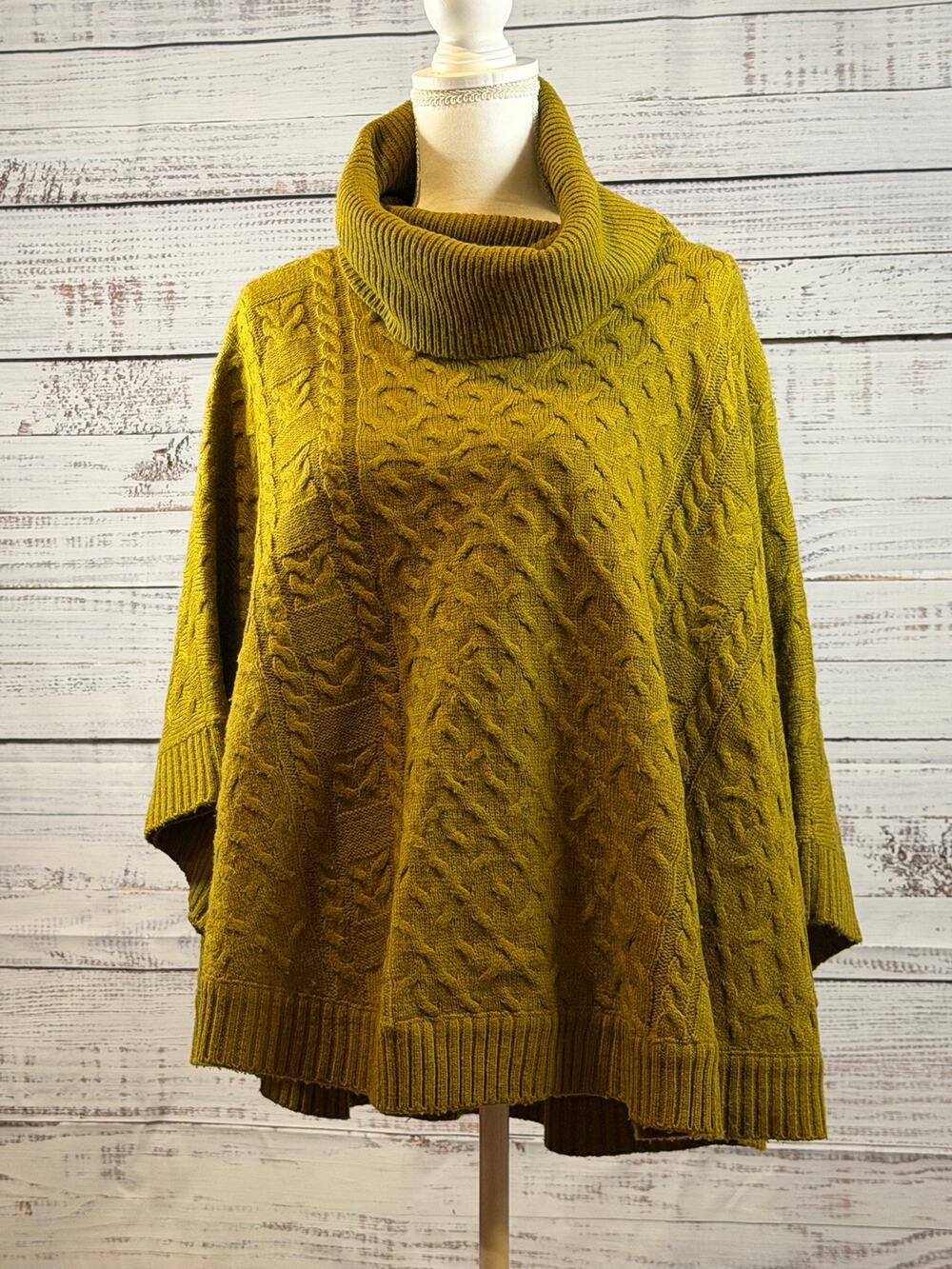 THML Olive Green Cable Knit Poncho Women's L Cowl Neck Cape Button Side Fall